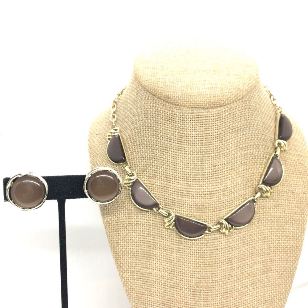 Vintage Thermoset Necklace Earrings Set Coro Lisner Brown Gold Tone Mcm